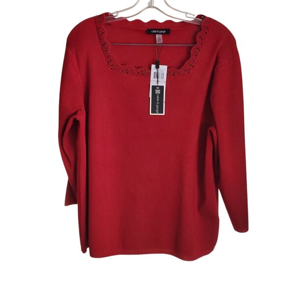 Cable & Gauge Refined Casual Red Sweater 1X NWT Rhinestone Scalloped Neckline - Picture 1 of 7